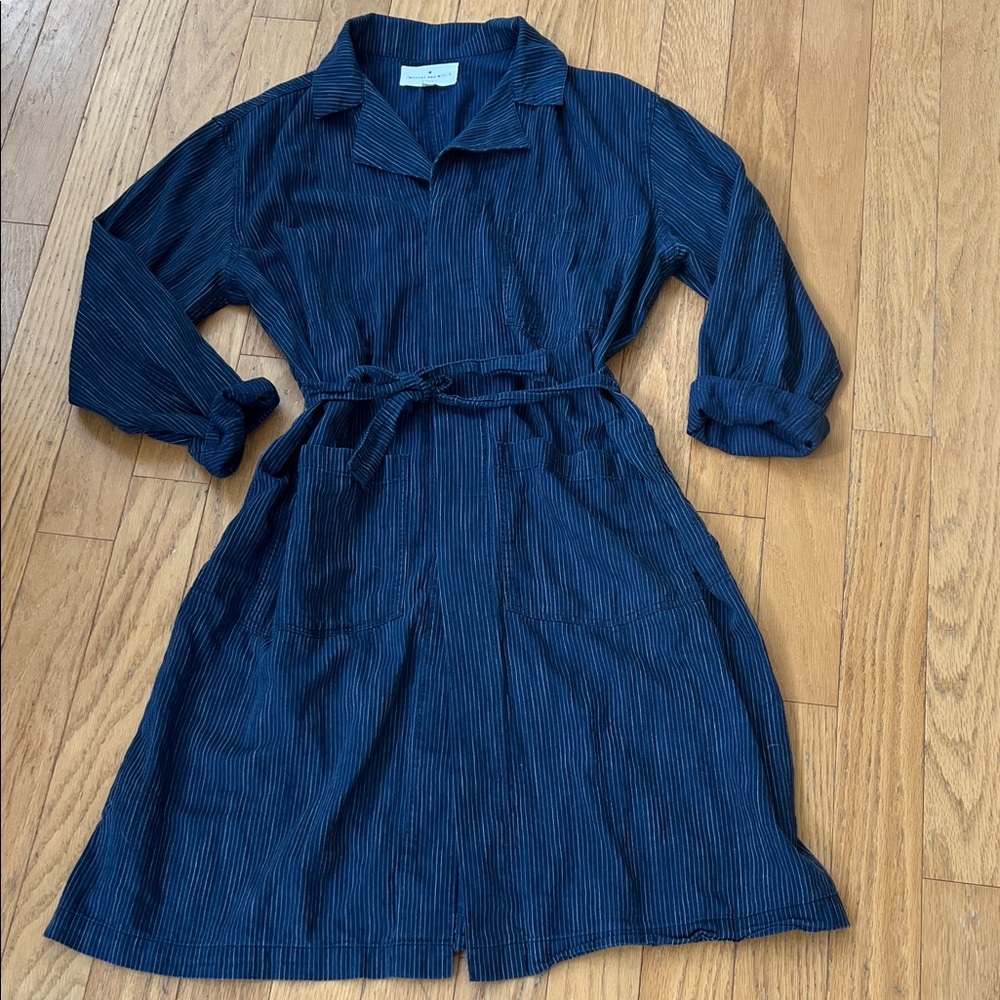Imogene + Willie Rare Cloth Blue Striped Chore Dress House Coat Belt & Pockets